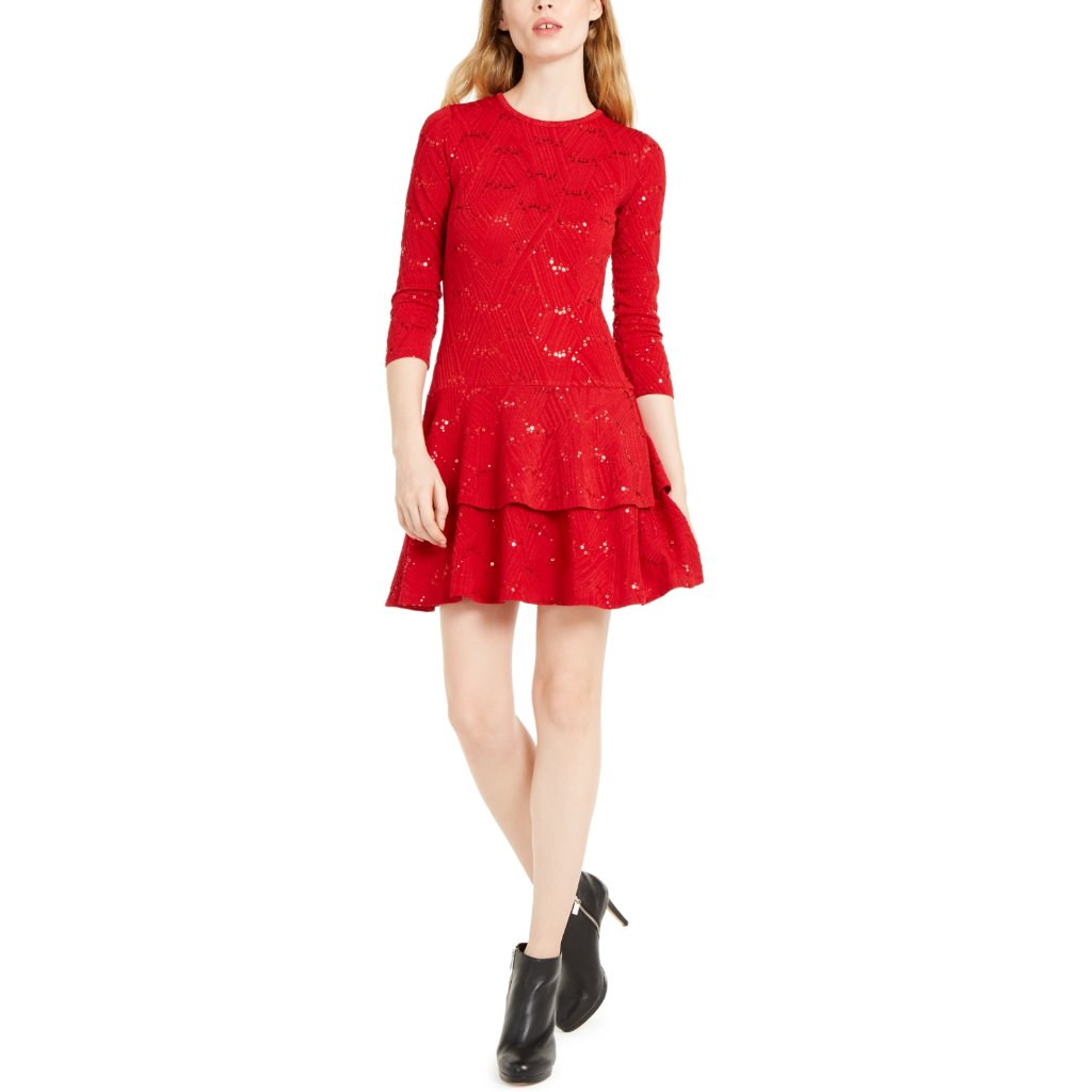 Nwt Michael Kors Womens Size Small Red Sequin Jacquard Tiered Flounce Dress New